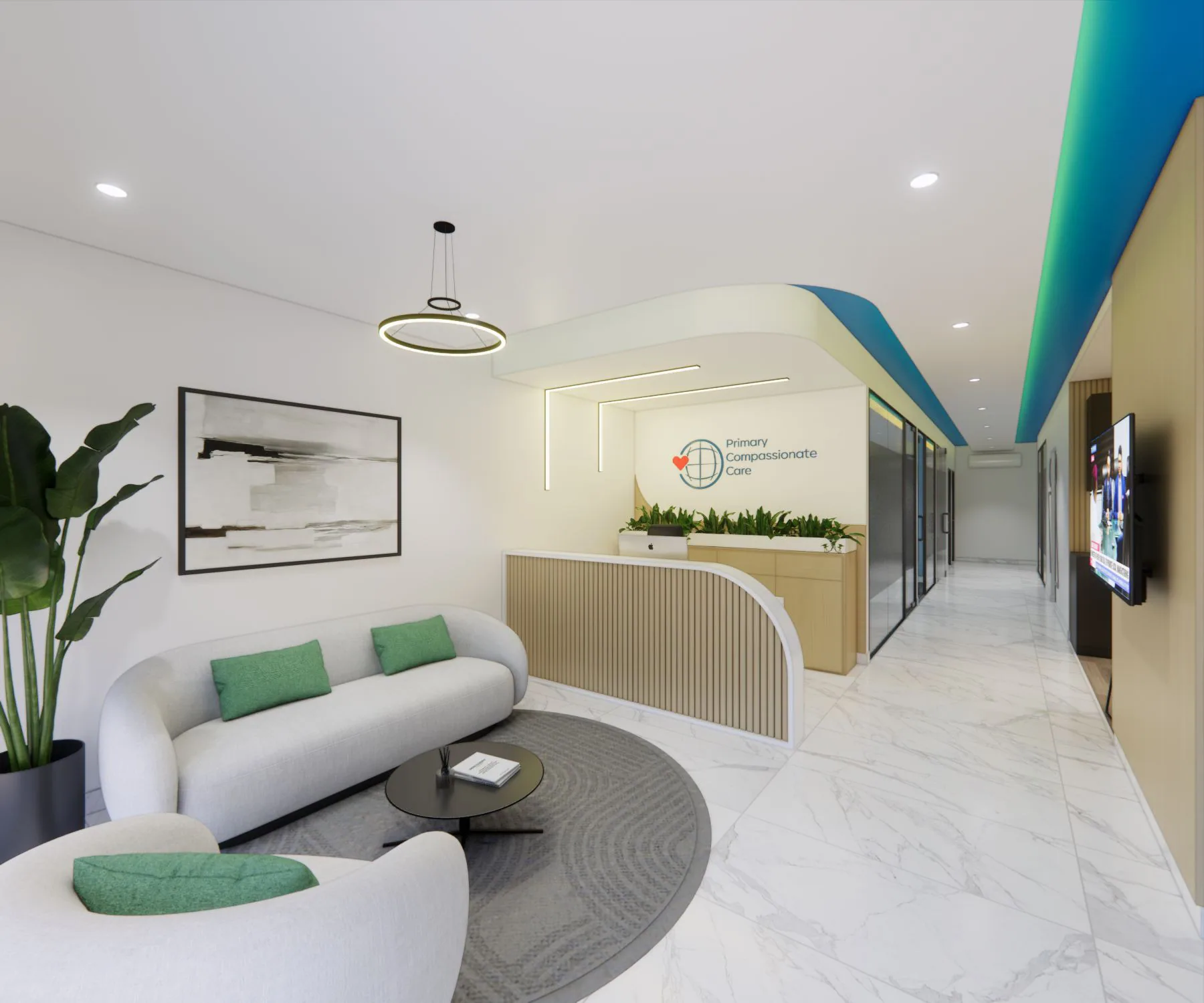 Primary Compassionate Care: reception waiting, architectural visualisation by Outtabox.