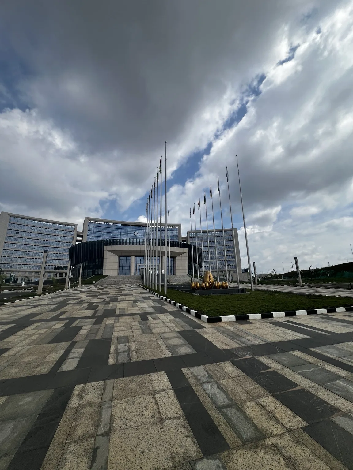 Exterior view of the new ECOWAS Commission headquarters building in Abuja and its approach.