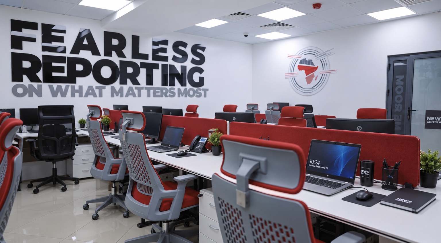 Delivered News Central Abuja newsroom with red workstations and Fearless Reporting wall artwork.