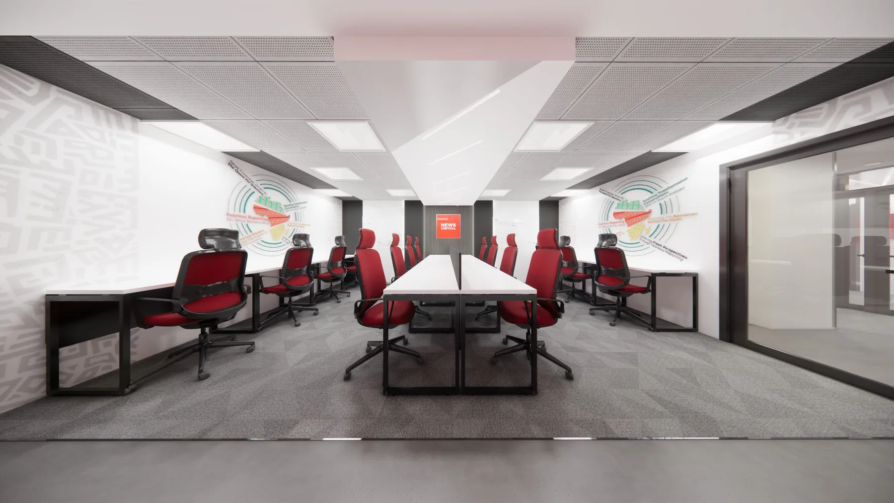 News Central: newsroom v3 view 1, architectural visualisation by Outtabox.