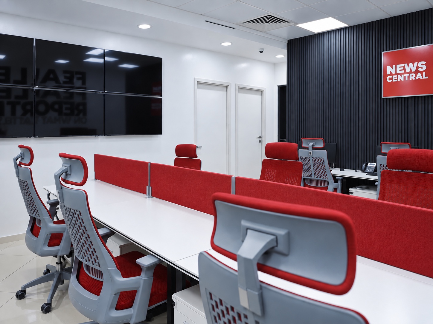 Delivered News Central Abuja workstations with red dividers, red chairs and a black slatted brand wall.